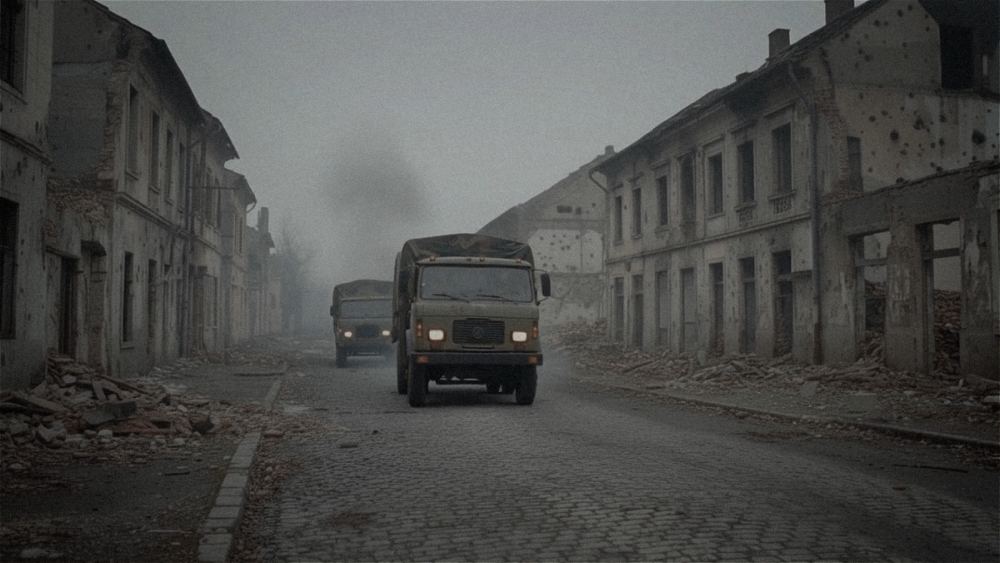Vukovar - kamioni u uništenoj ulici